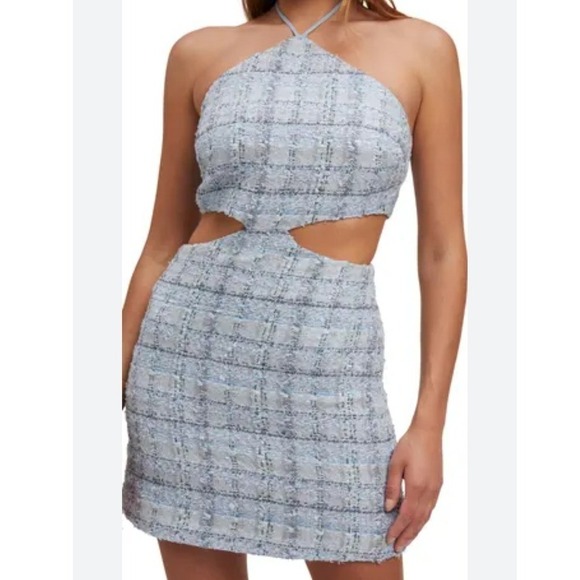 Bardot Dresses & Skirts - Bardot Roma Plaid Cutout Halter Minidress Light Blue Sequins Sparkle Size S